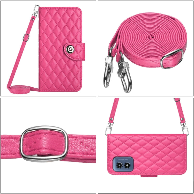 For Motorola Moto G Play 4G 2024 Rhombic Texture Flip Leather Phone Case with Long Lanyard(Rose Red)