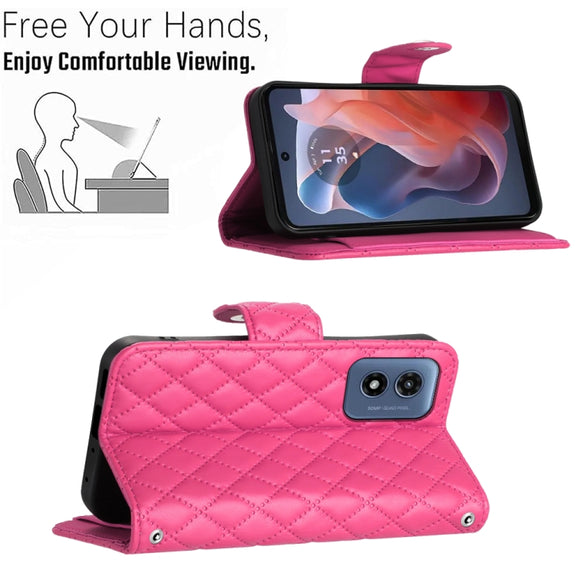 For Motorola Moto G Play 4G 2024 Rhombic Texture Flip Leather Phone Case with Long Lanyard(Rose Red)