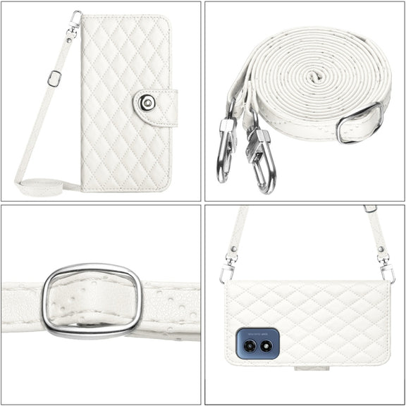 For Motorola Moto G Play 4G 2024 Rhombic Texture Flip Leather Phone Case with Long Lanyard(White)