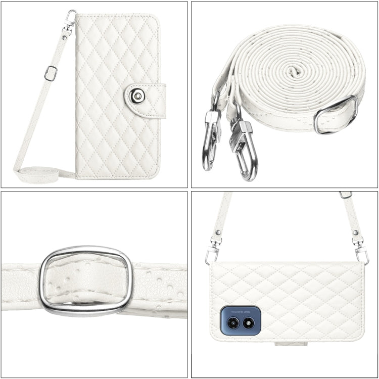 For Motorola Moto G Play 4G 2024 Rhombic Texture Flip Leather Phone Case with Long Lanyard(White)