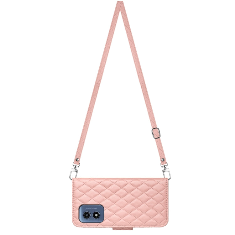 For Motorola Moto G Play 4G 2024 Rhombic Texture Flip Leather Phone Case with Long Lanyard(Coral Pink)