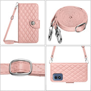 For Motorola Moto G Play 4G 2024 Rhombic Texture Flip Leather Phone Case with Long Lanyard(Coral Pink)