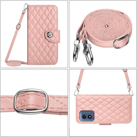 For Motorola Moto G Play 4G 2024 Rhombic Texture Flip Leather Phone Case with Long Lanyard(Coral Pink)