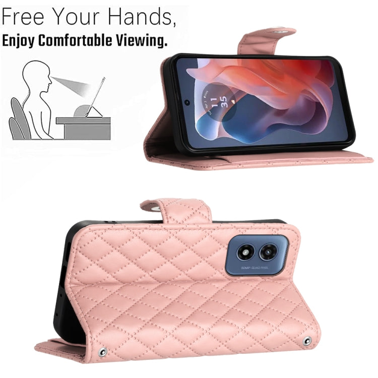 For Motorola Moto G Play 4G 2024 Rhombic Texture Flip Leather Phone Case with Long Lanyard(Coral Pink)