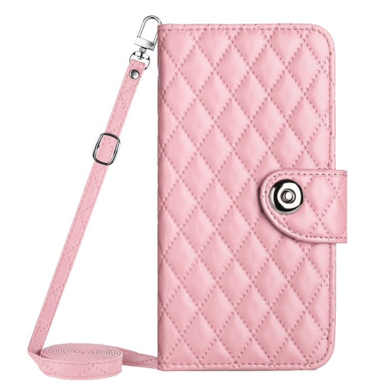 For Motorola Moto G Play 4G 2024 Rhombic Texture Flip Leather Phone Case with Long Lanyard(Pink)
