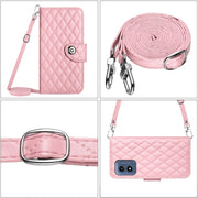 For Motorola Moto G Play 4G 2024 Rhombic Texture Flip Leather Phone Case with Long Lanyard(Pink)