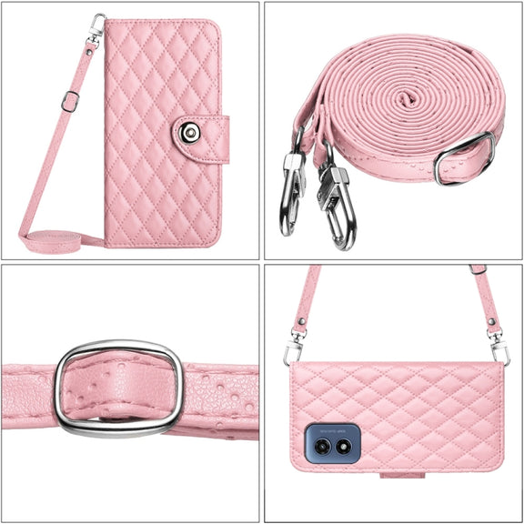 For Motorola Moto G Play 4G 2024 Rhombic Texture Flip Leather Phone Case with Long Lanyard(Pink)