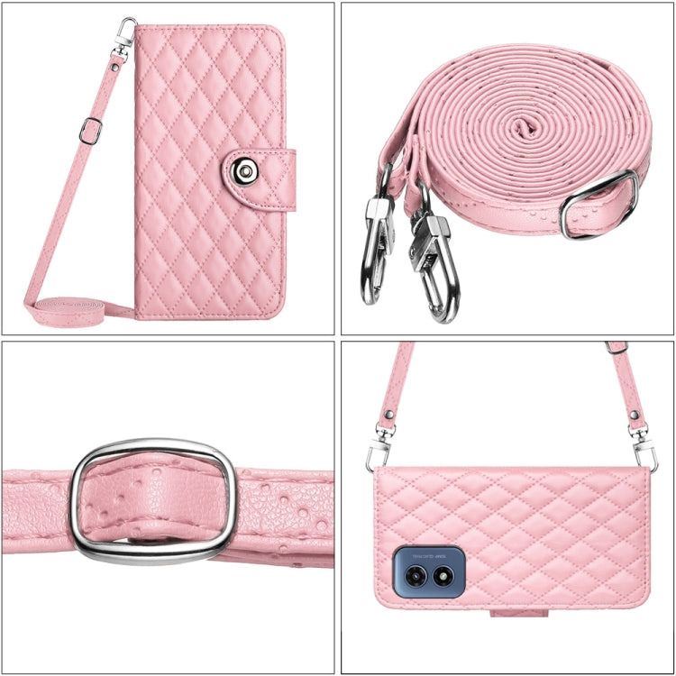 For Motorola Moto G Play 4G 2024 Rhombic Texture Flip Leather Phone Case with Long Lanyard(Pink)