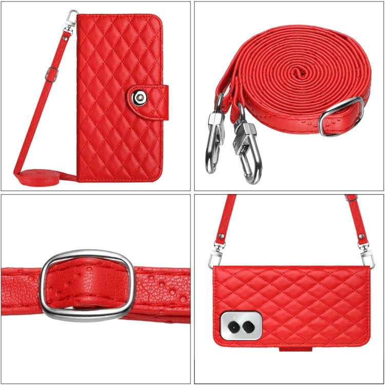 For Motorola Moto G Power 5G 2024 Rhombic Texture Flip Leather Phone Case with Long Lanyard(Red)