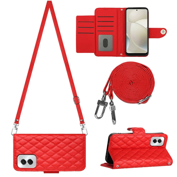 For Motorola Moto G Power 5G 2024 Rhombic Texture Flip Leather Phone Case with Long Lanyard(Red)