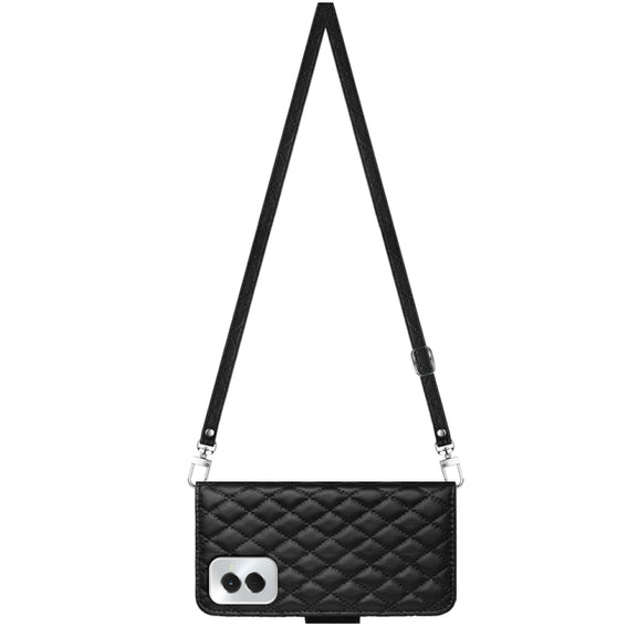 For Motorola Moto G Power 5G 2024 Rhombic Texture Flip Leather Phone Case with Long Lanyard(Black)