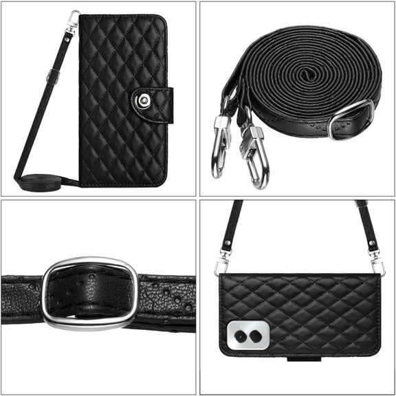For Motorola Moto G Power 5G 2024 Rhombic Texture Flip Leather Phone Case with Long Lanyard(Black)