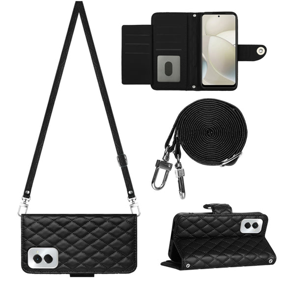 For Motorola Moto G Power 5G 2024 Rhombic Texture Flip Leather Phone Case with Long Lanyard(Black)