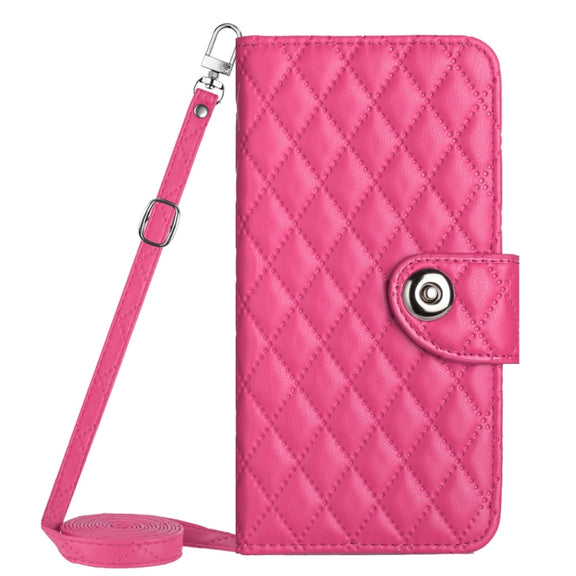 For Motorola Moto G Power 5G 2024 Rhombic Texture Flip Leather Phone Case with Long Lanyard(Rose Red)