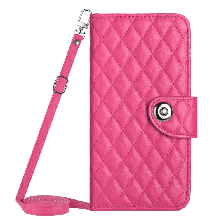 For Motorola Moto G Power 5G 2024 Rhombic Texture Flip Leather Phone Case with Long Lanyard(Rose Red)