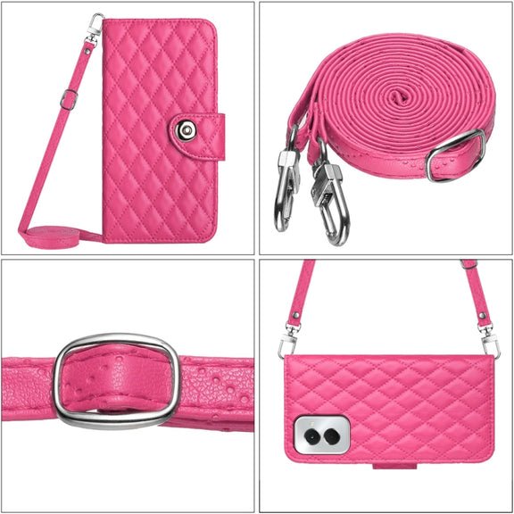 For Motorola Moto G Power 5G 2024 Rhombic Texture Flip Leather Phone Case with Long Lanyard(Rose Red)