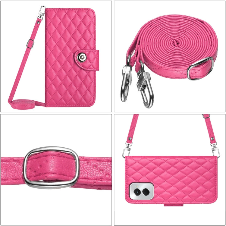 For Motorola Moto G Power 5G 2024 Rhombic Texture Flip Leather Phone Case with Long Lanyard(Rose Red)