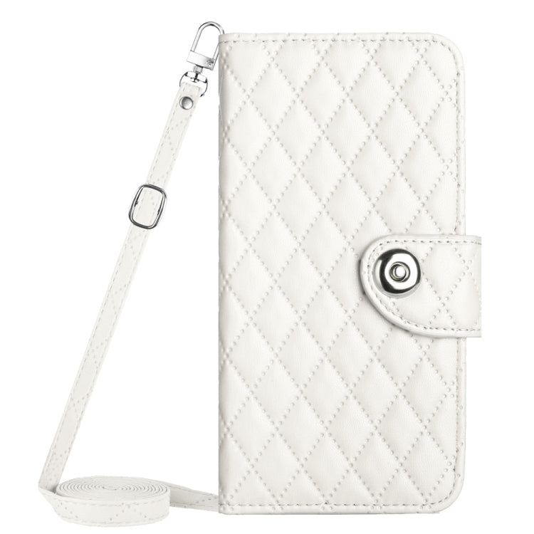 For Motorola Moto G Power 5G 2024 Rhombic Texture Flip Leather Phone Case with Long Lanyard(White)