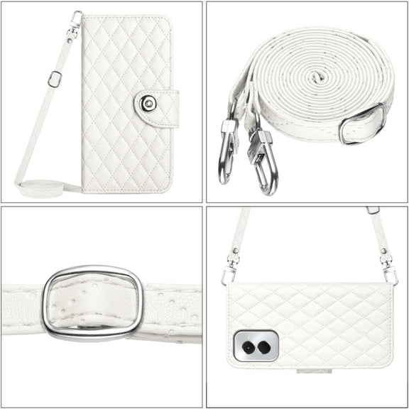 For Motorola Moto G Power 5G 2024 Rhombic Texture Flip Leather Phone Case with Long Lanyard(White)