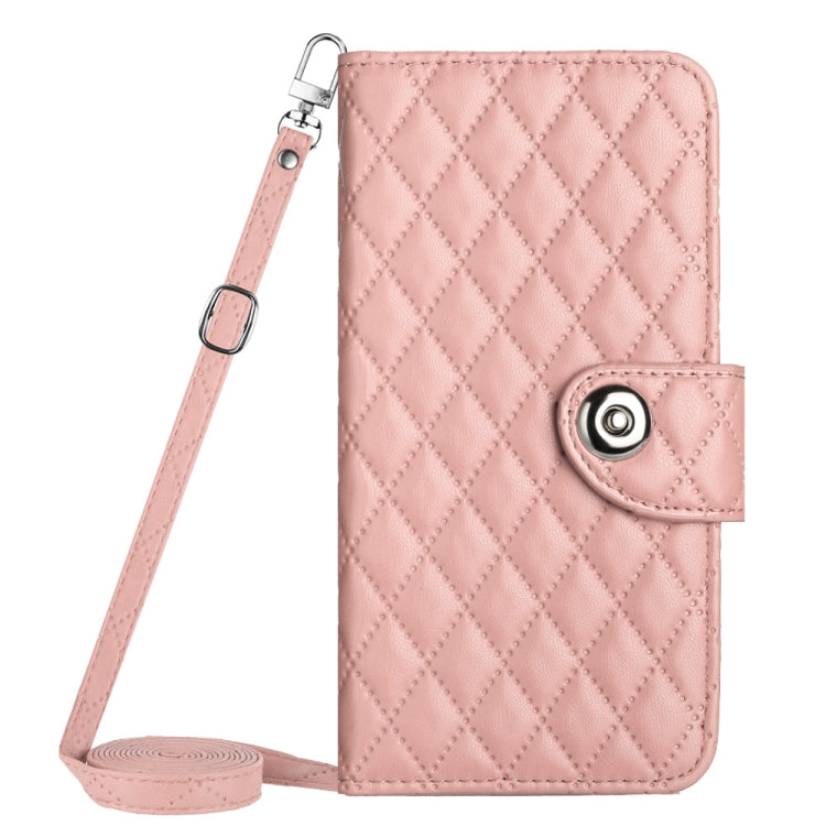 For Motorola Moto G Power 5G 2024 Rhombic Texture Flip Leather Phone Case with Long Lanyard(Coral Pink)