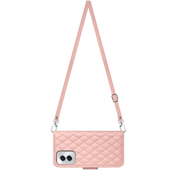 For Motorola Moto G Power 5G 2024 Rhombic Texture Flip Leather Phone Case with Long Lanyard(Coral Pink)
