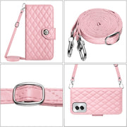For Motorola Moto G Power 5G 2024 Rhombic Texture Flip Leather Phone Case with Long Lanyard(Pink)