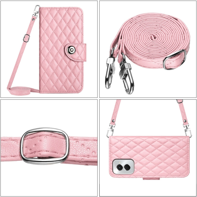 For Motorola Moto G Power 5G 2024 Rhombic Texture Flip Leather Phone Case with Long Lanyard(Pink)