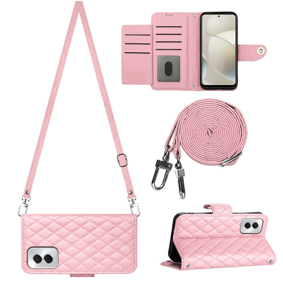 For Motorola Moto G Power 5G 2024 Rhombic Texture Flip Leather Phone Case with Long Lanyard(Pink)