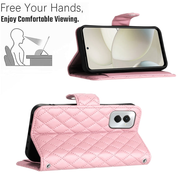 For Motorola Moto G Power 5G 2024 Rhombic Texture Flip Leather Phone Case with Long Lanyard(Pink)