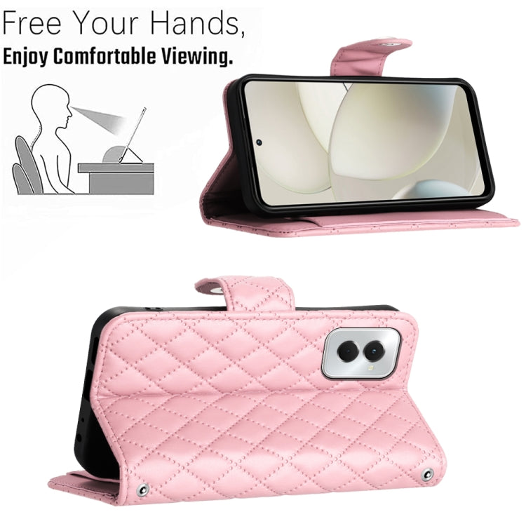 For Motorola Moto G Power 5G 2024 Rhombic Texture Flip Leather Phone Case with Long Lanyard(Pink)