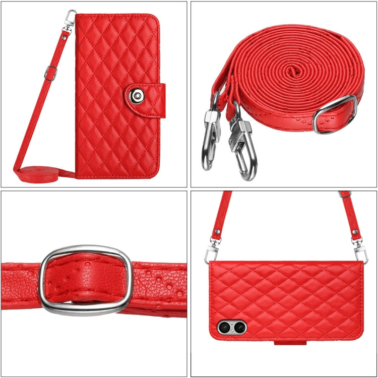 For Sony Xperia 5 V Rhombic Texture Flip Leather Phone Case with Long Lanyard(Red) - Sony Cases by PMC TechLife | Online Shopping South Africa | PMC TechLife | Buy Now Pay Later Mobicred