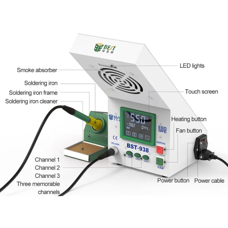 BEST BST-938 LED Electric Iron Smoking Instrument Smoke Purifier Soldering Station with Exhaust Fan, EU Plug