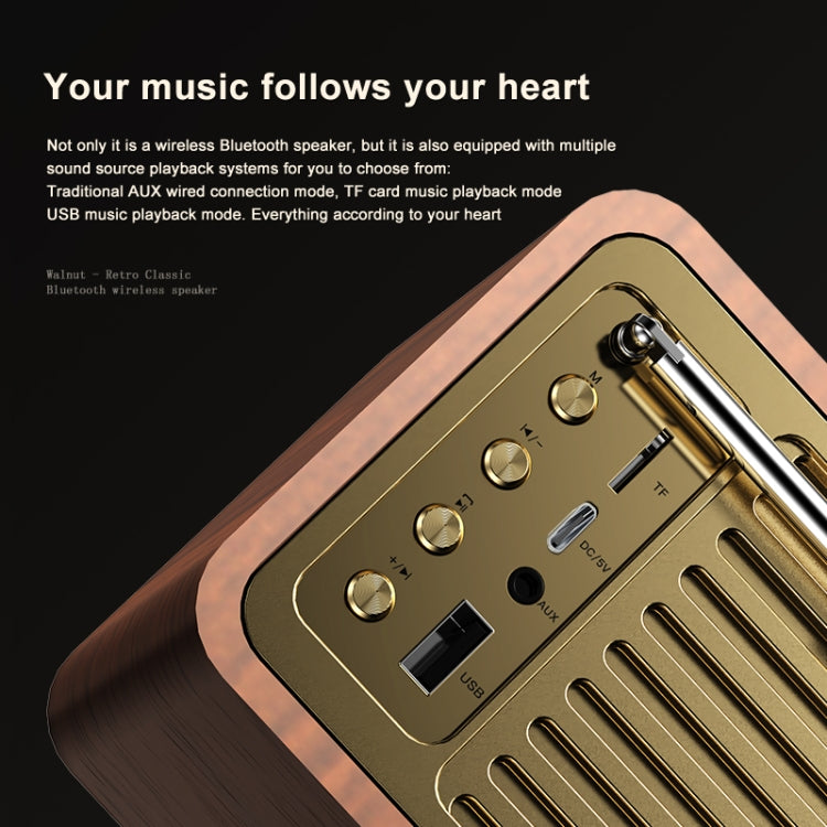 OneDer JY82 Wooden Retro Styling Wireless Speaker HIFI Classic FM Radio Support TF / U-Disk / AUX(Walnut Wood)