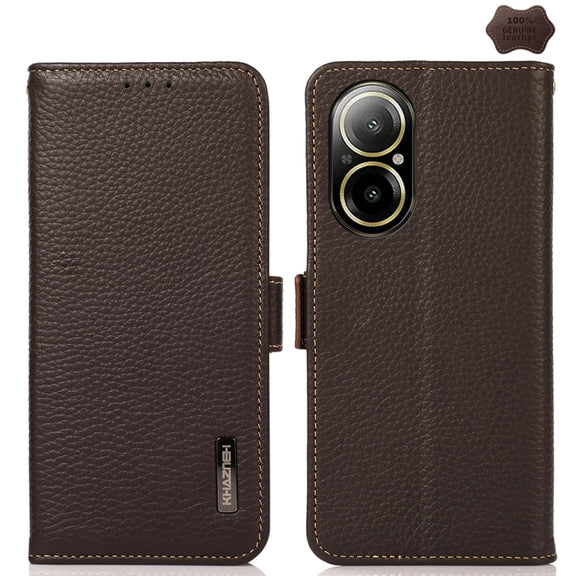 For Realme C67 4G KHAZNEH Side-Magnetic Litchi Genuine Leather RFID Phone Case(Brown)