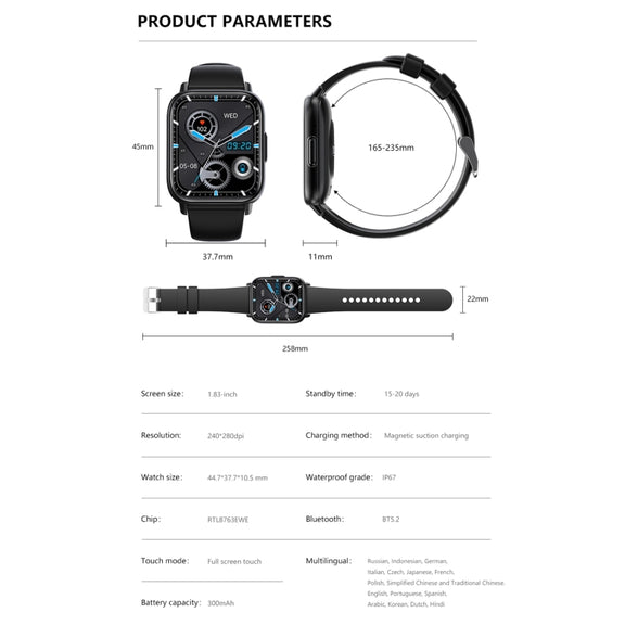 DM60+ 1.83 inch BT5.2 Smart Sport Watch, Support Bluetooth Call / Sleep / Blood Sugar / Blood Oxygen / Temperature / Heart Rate / Blood Pressure Health Monitor(Purple)