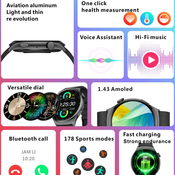 QX10 1.43 inch BT5.2 Smart Sport Watch, Support Sleep / Heart Rate / Blood Oxygen / Blood Pressure Health Monitor(Pink)