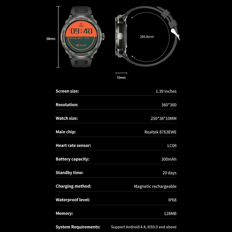 QS90 1.39 inch BT5.0 Smart Sport Watch, Support Bluetooth Call / Sleep / Blood Oxygen / Temperature / Heart Rate / Blood Pressure Health Monitor / Water Reminder(Black)