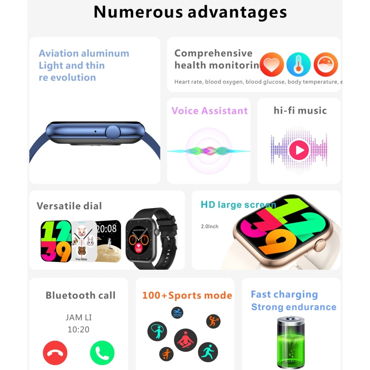 QX7 Pro 2.0 inch BT5.2 Smart Sport Watch, Support Bluetooth Call / Sleep / Blood Sugar / Blood Oxygen / Temperature / Heart Rate / Blood Pressure Health Monitor(Blue) - Smart Watches by PMC TechLife | Online Shopping South Africa | PMC TechLife | Buy Now Pay Later Mobicred