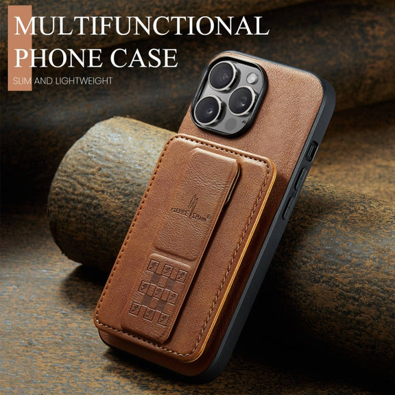 For iPhone 15 Pro Max Fierre Shann Oil Wax Cow Leather Card Holder Back Phone Case(Brown)