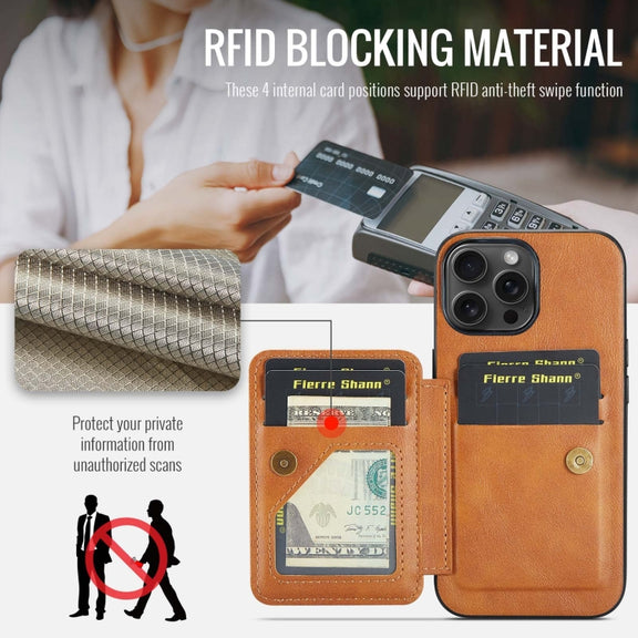 For iPhone 15 Pro Max Fierre Shann Oil Wax Cow Leather Card Holder Back Phone Case(Brown)