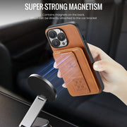For iPhone 15 Pro Max Fierre Shann Oil Wax Cow Leather Card Holder Back Phone Case(Brown)