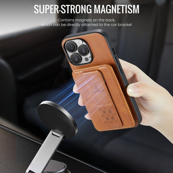 For iPhone 15 Pro Max Fierre Shann Oil Wax Cow Leather Card Holder Back Phone Case(Brown)
