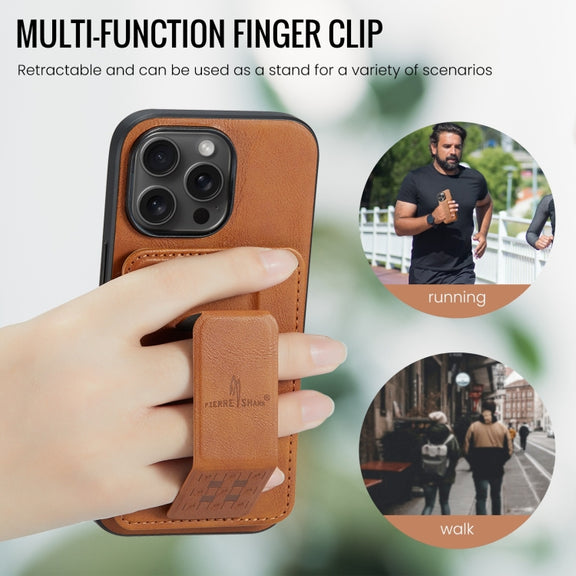 For iPhone 15 Pro Max Fierre Shann Oil Wax Cow Leather Card Holder Back Phone Case(Brown)