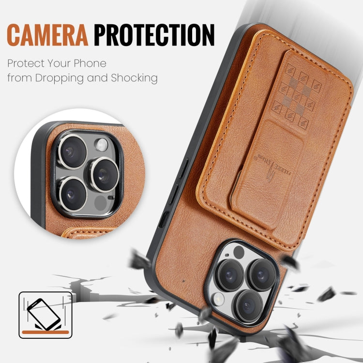 For iPhone 15 Pro Max Fierre Shann Oil Wax Cow Leather Card Holder Back Phone Case(Brown)