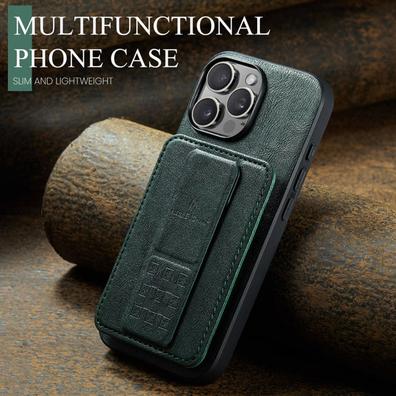 For iPhone 16 Pro Max Fierre Shann Oil Wax Cow Leather Card Holder Back Phone Case(Green)