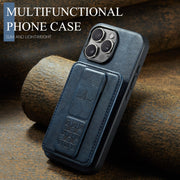 For iPhone 16 Pro Max Fierre Shann Oil Wax Cow Leather Card Holder Back Phone Case(Blue)