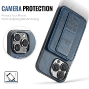 For iPhone 16 Pro Max Fierre Shann Oil Wax Cow Leather Card Holder Back Phone Case(Blue)