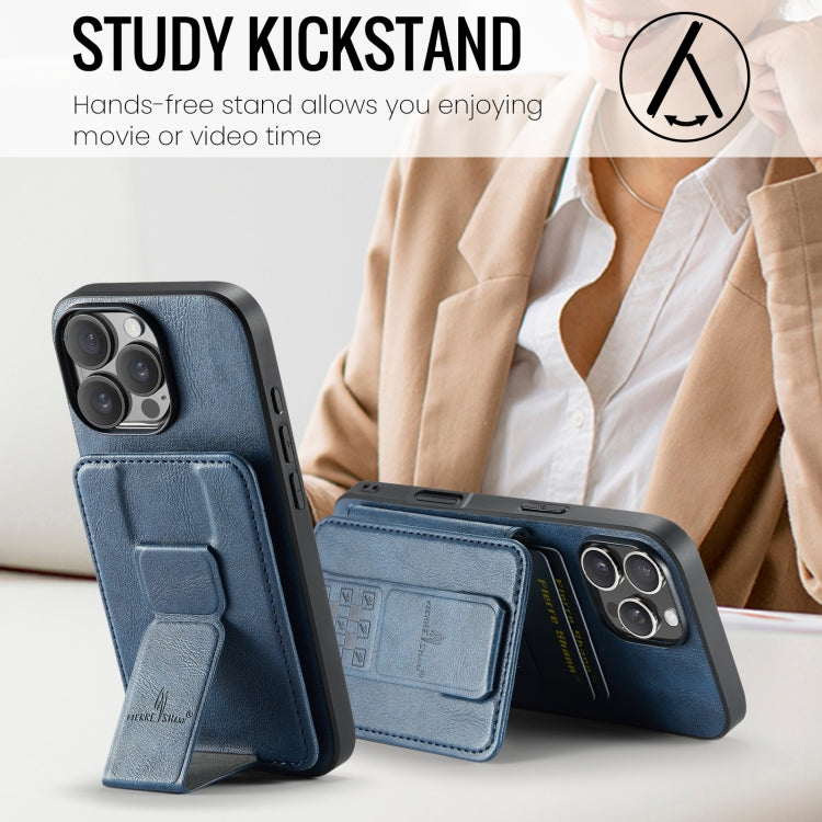 For iPhone 16 Pro Max Fierre Shann Oil Wax Cow Leather Card Holder Back Phone Case(Blue)