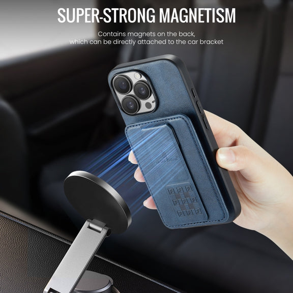 For iPhone 16 Pro Max Fierre Shann Oil Wax Cow Leather Card Holder Back Phone Case(Blue)