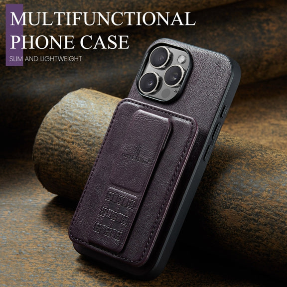 For iPhone 16 Pro Max Fierre Shann Oil Wax Cow Leather Card Holder Back Phone Case(Purple)